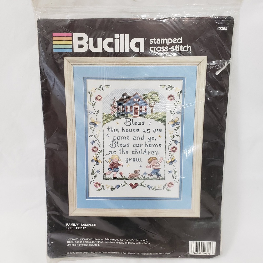 Vtg 1990 Crafts Cross Stitch Kit Bucilla Family Sampler 40395 Farmhouse Floral